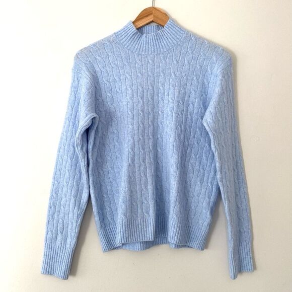J. Crew Extra Soft Yarn Baby Blue Cable Mock Neck Sweater Preppy sz M Preppy New - Picture 1 of 7